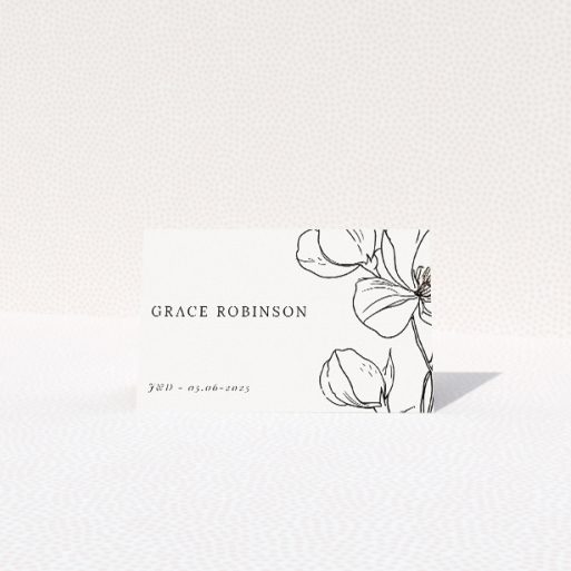 Bloomsbury Botanical place cards table template - elegant hand-drawn botanical illustrations on monochrome palette. This is a view of the front