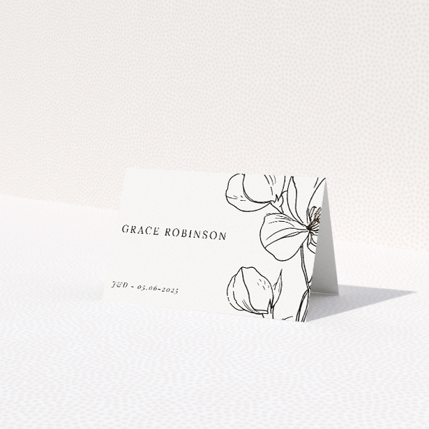 Bloomsbury Botanical place cards table template - elegant hand-drawn botanical illustrations on monochrome palette. This is a third view of the front