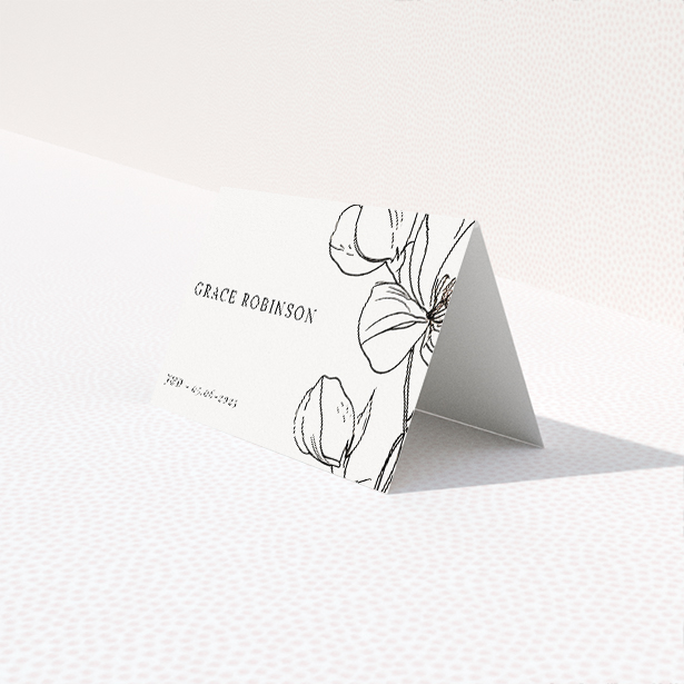 Bloomsbury Botanical place cards table template - elegant hand-drawn botanical illustrations on monochrome palette. This is a third view of the front