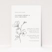 "Bloomsbury Botanical wedding invitation featuring a delicate hand-drawn botanical illustration of a flowering branch in monochrome, ideal for couples seeking timeless elegance and nature-inspired sophistication in their wedding stationery.". This is a view of the front