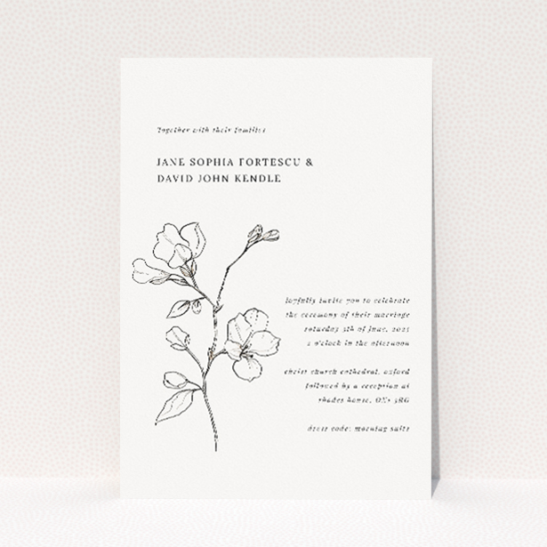 "Bloomsbury Botanical wedding invitation featuring a delicate hand-drawn botanical illustration of a flowering branch in monochrome, ideal for couples seeking timeless elegance and nature-inspired sophistication in their wedding stationery.". This is a view of the front