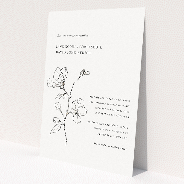 'Bloomsbury Botanical wedding invitation featuring a delicate hand-drawn botanical illustration of a flowering branch in monochrome, ideal for couples seeking timeless elegance and nature-inspired sophistication in their wedding stationery.'. This is a view of the front