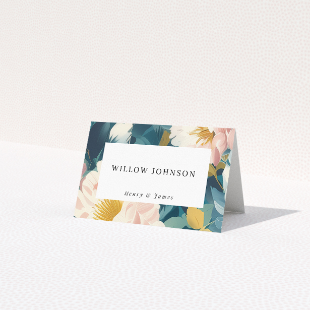 Blossom Boulevard place cards featuring lush peonies and blooms in soft pastel hues against a backdrop of sage green leaves. This is a view of the front