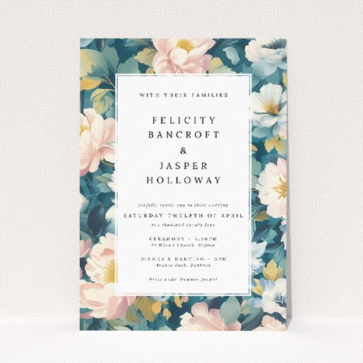 Enchanting A5 portrait wedding invitation with lush floral tapestry in pastel hues of pink, blue, and yellow on a sage green background. This is a view of the front