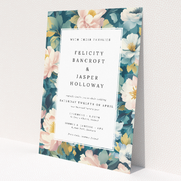 Enchanting A5 portrait wedding invitation with lush floral tapestry in pastel hues of pink, blue, and yellow on a sage green background. This is a view of the front