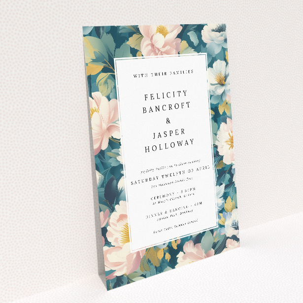 Enchanting A5 portrait wedding invitation with lush floral tapestry in pastel hues of pink, blue, and yellow on a sage green background. This image shows the front and back sides together