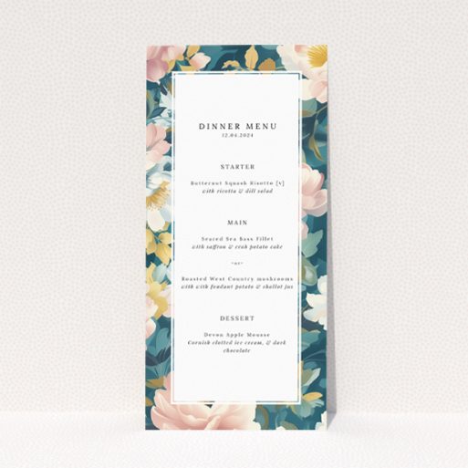 Blossom Boulevard wedding menu template showcasing romantic allure and timeless floral beauty with lush floral tapestry featuring soft peonies and pastel blooms against a backdrop of sage green leaves This is a view of the front