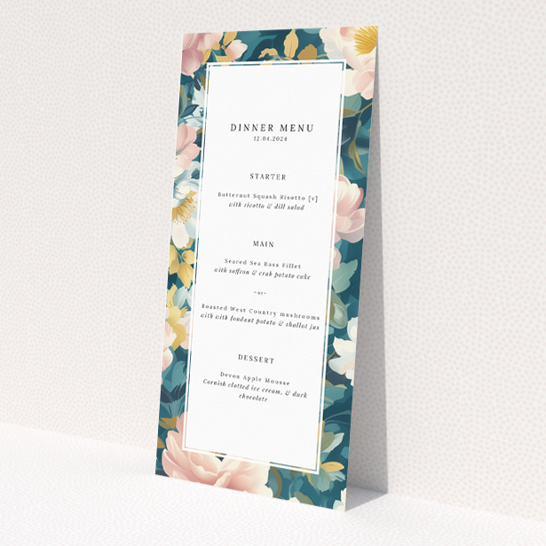 Blossom Boulevard wedding menu template showcasing romantic allure and timeless floral beauty with lush floral tapestry featuring soft peonies and pastel blooms against a backdrop of sage green leaves This is a view of the front