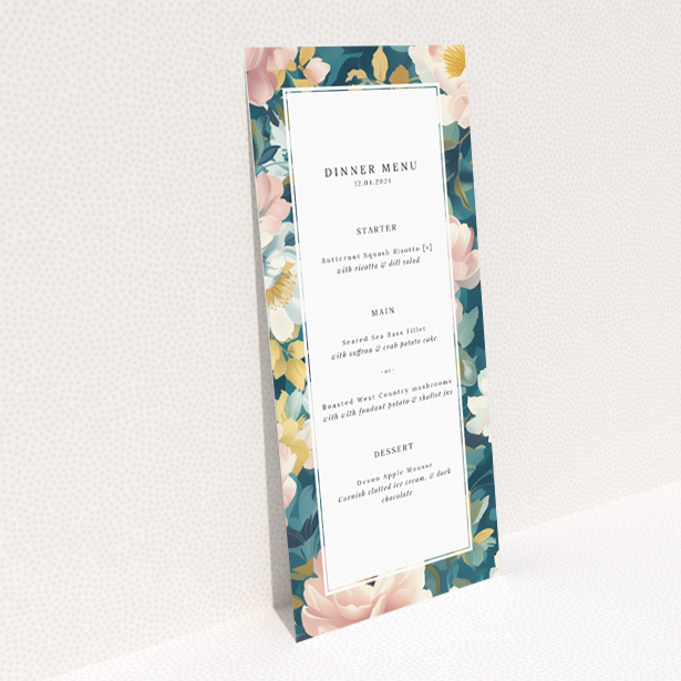 Blossom Boulevard wedding menu template showcasing romantic allure and timeless floral beauty with lush floral tapestry featuring soft peonies and pastel blooms against a backdrop of sage green leaves This is a view of the back