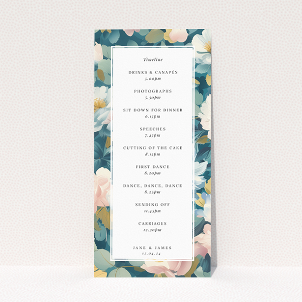 Blossom Boulevard wedding menu template showcasing romantic allure and timeless floral beauty with lush floral tapestry featuring soft peonies and pastel blooms against a backdrop of sage green leaves This is a view of the back