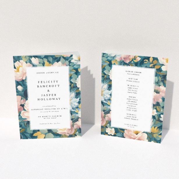 Enchanting Blossom Boulevard A5 Wedding Order of Service Booklet Template. This image shows the front and back sides together
