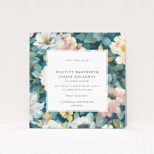 Blossom Boulevard wedding save the date card featuring vibrant springtime floral display. This is a view of the front