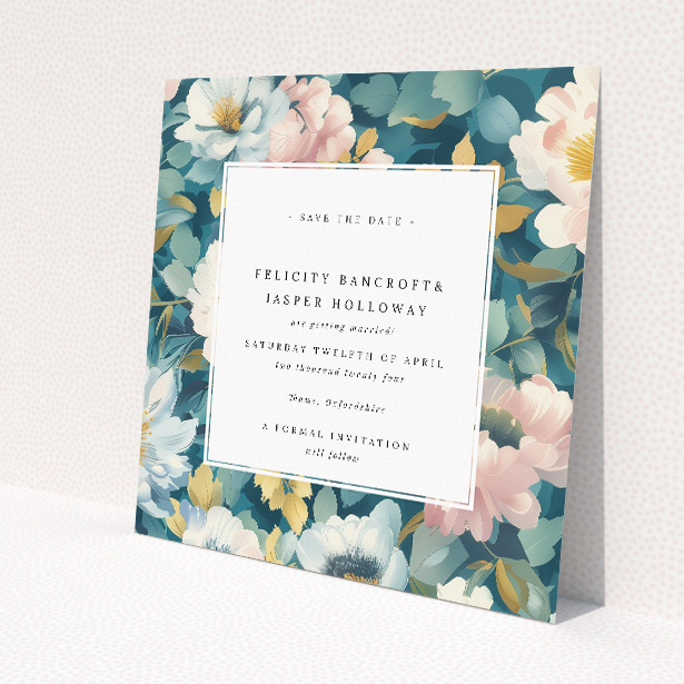 Blossom Boulevard wedding save the date card featuring vibrant springtime floral display. This image shows the front and back sides together