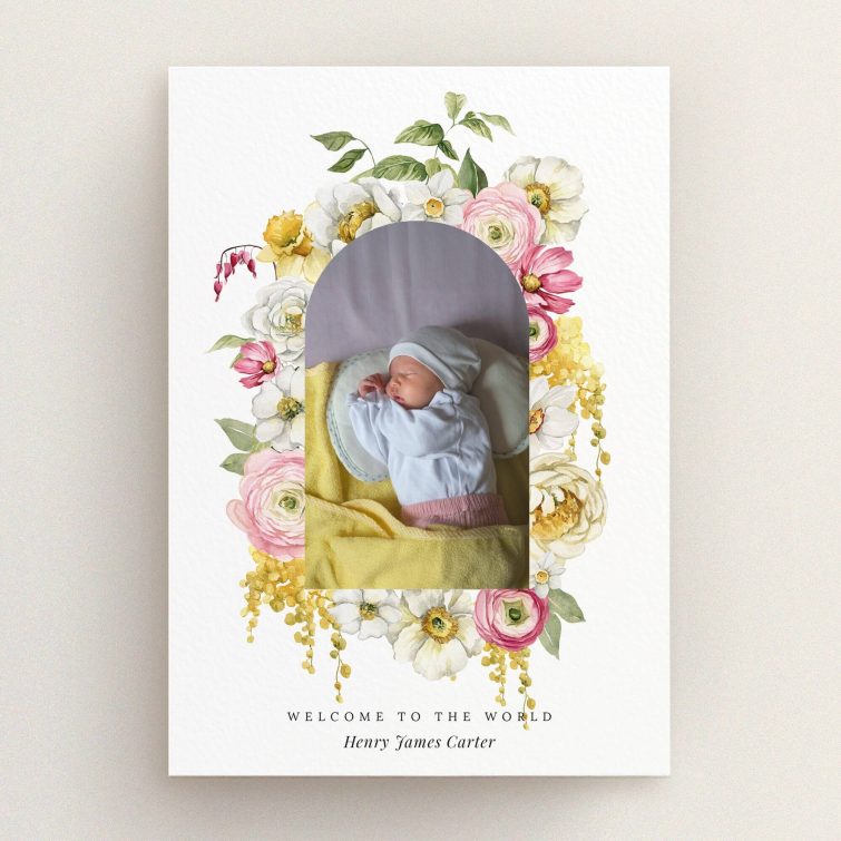 Floral birth announcement card with one baby photo in the centre surrounded by colourful flowers.