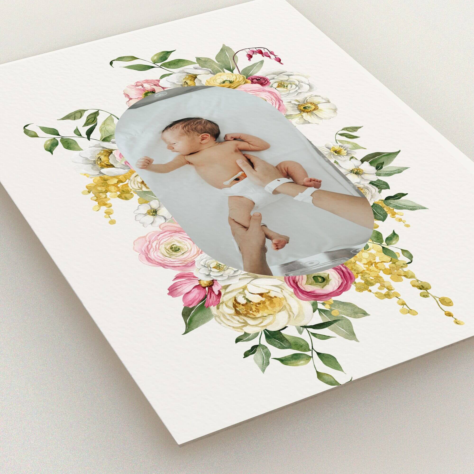 Floral birth announcement card design with one photo