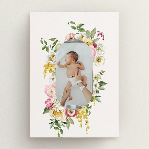 Floral birth announcement card design with one photo