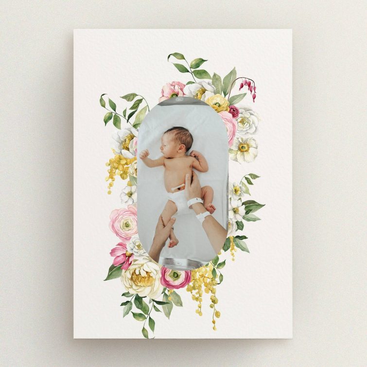 Floral birth announcement card design with one photo