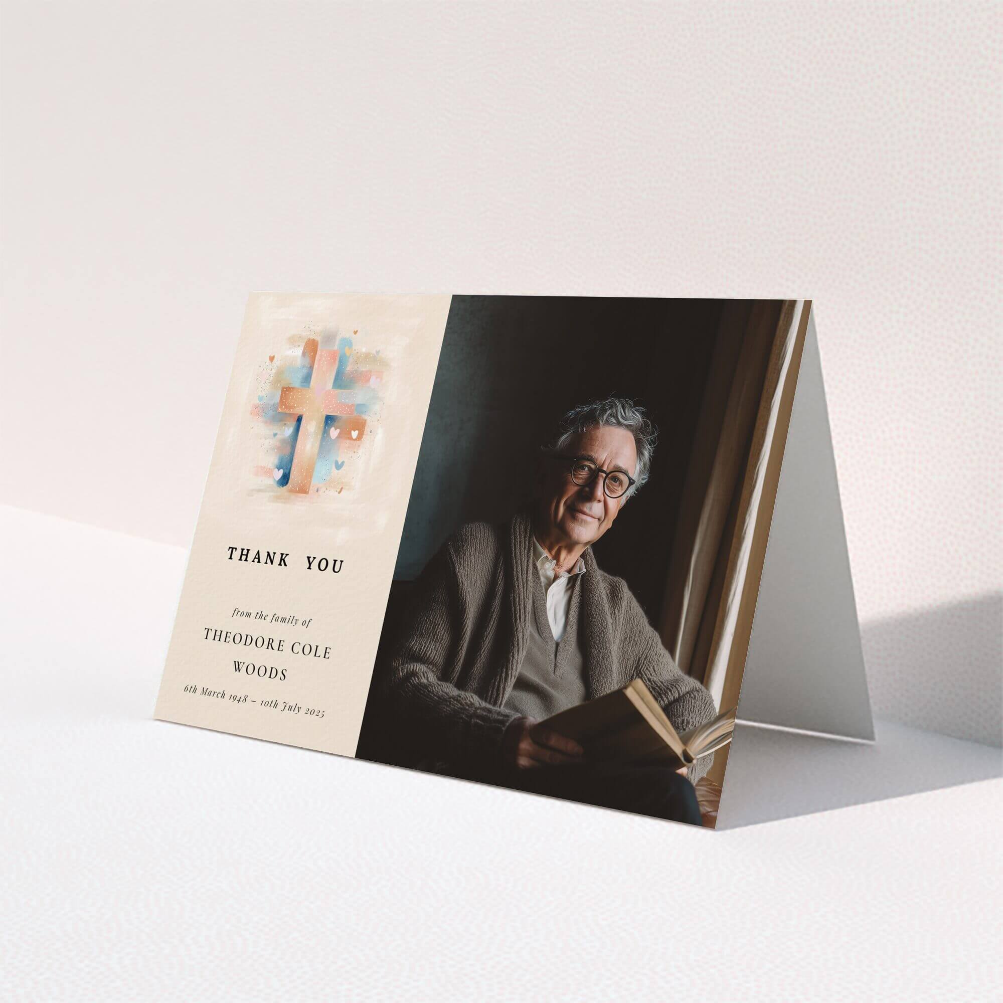 Funeral thank you card design with one photo, featuring a cross illustration and text details.