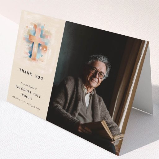 Funeral Thank You Card Funeral thank you card design with one photo, featuring a cross illustration and text details.