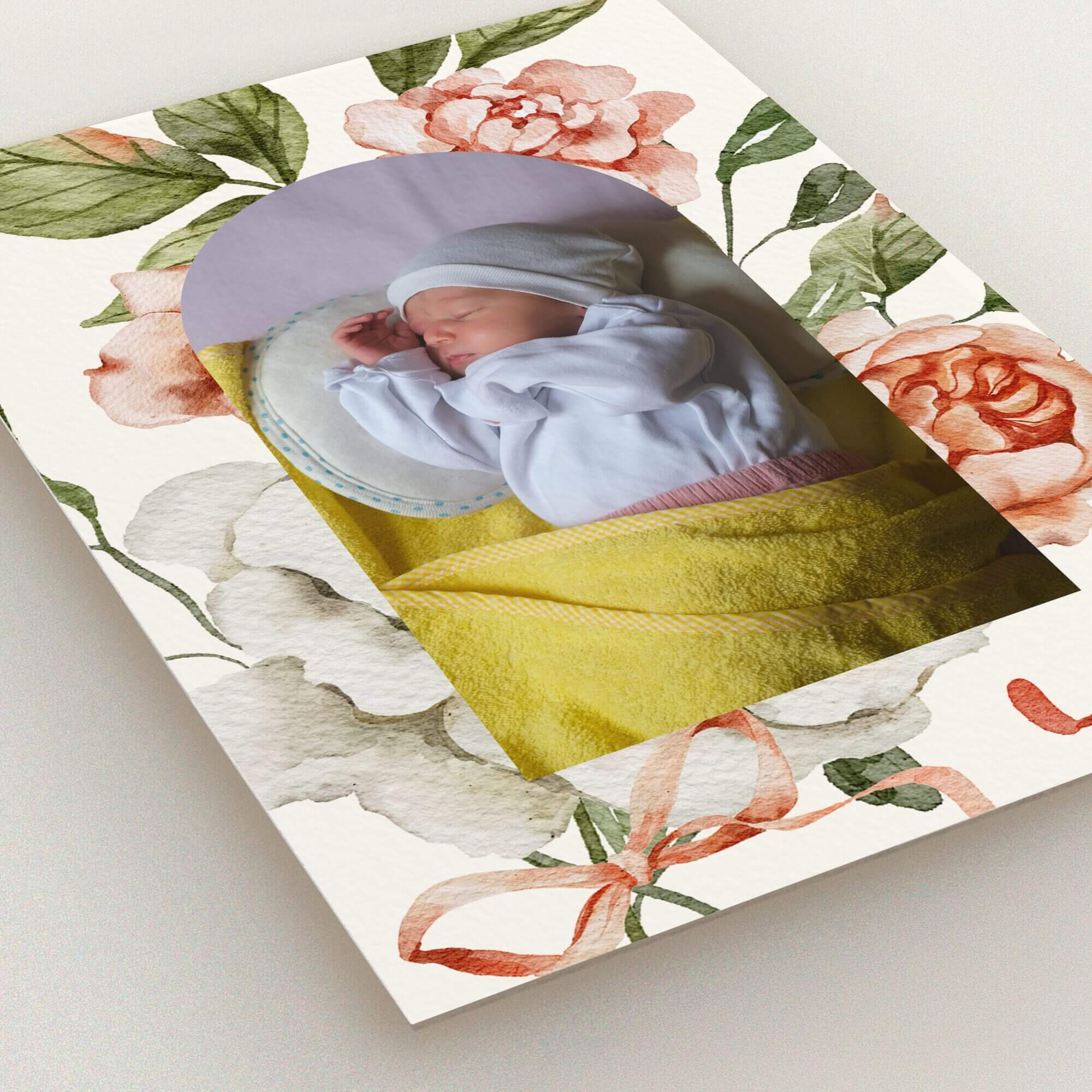 Floral birth announcement card design with one baby photo.