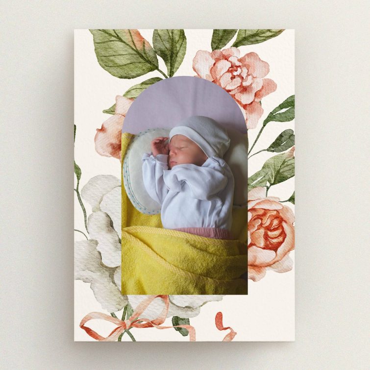Floral birth announcement card design with one baby photo.