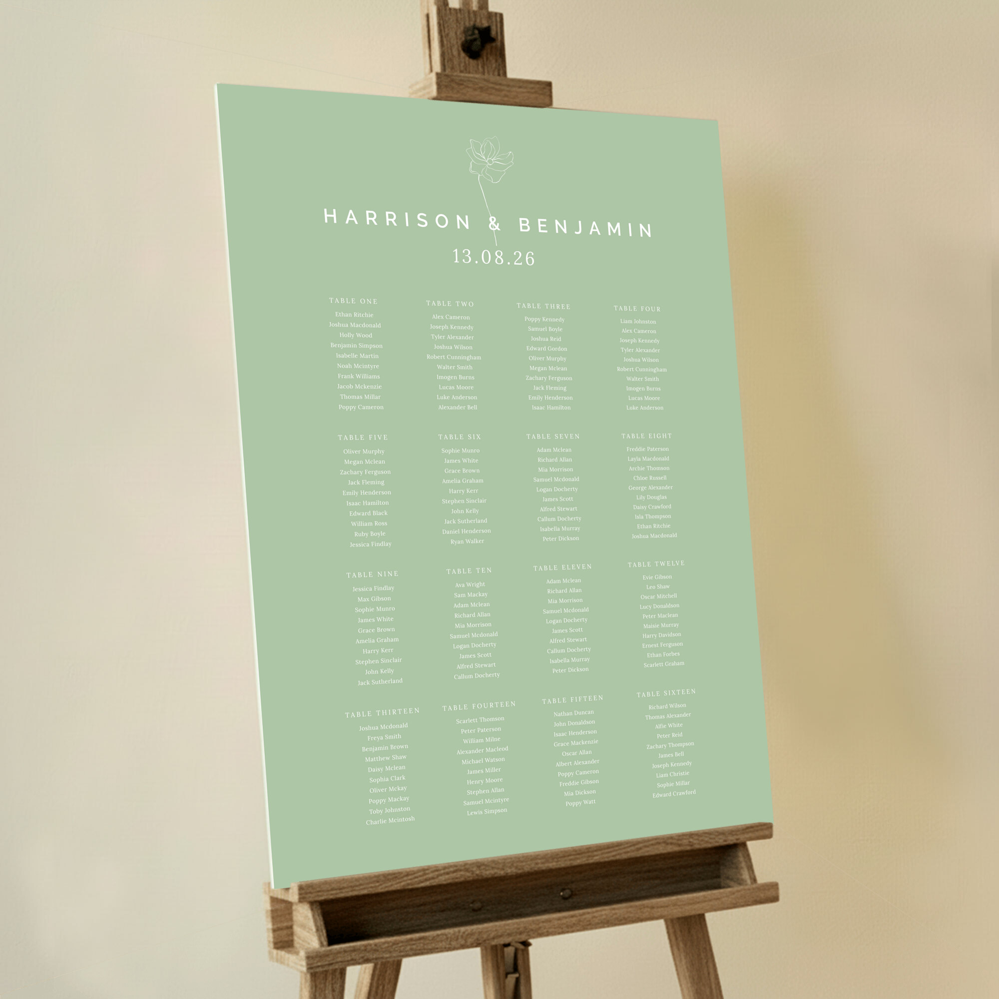 'Blossom Elegance' Seating Plan featuring a muted green background and a single white flower illustration at the top, adding a touch of timeless elegance to your wedding celebration.. This template shows 16 tables.