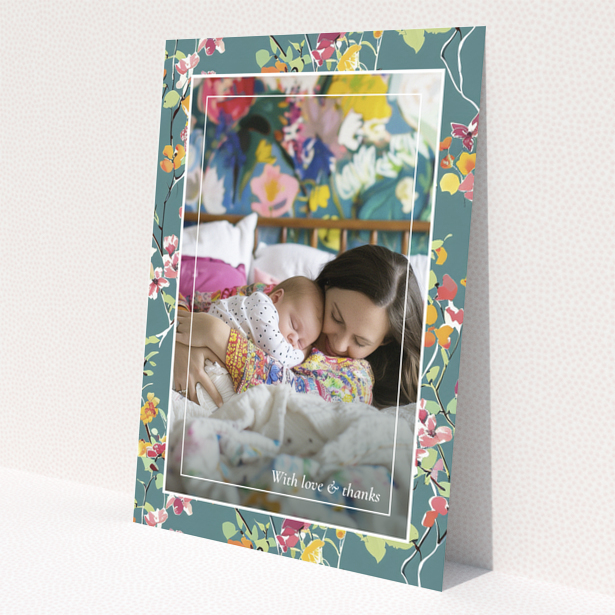 Floral baby thank you card with one photo of a mother and sleeping baby.
