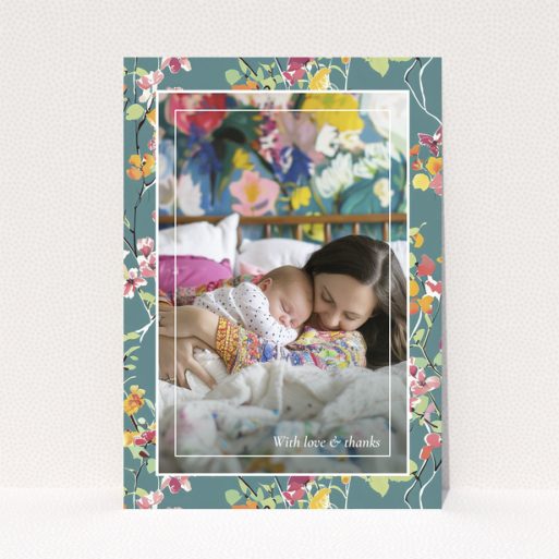 Floral baby thank you card with one photo of a mother and sleeping baby.