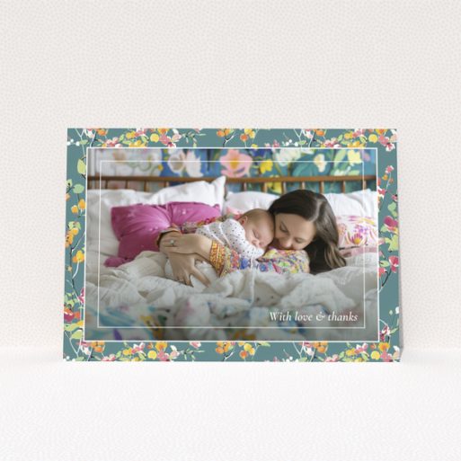 Floral baby thank you card with one photo of a mother and sleeping baby.