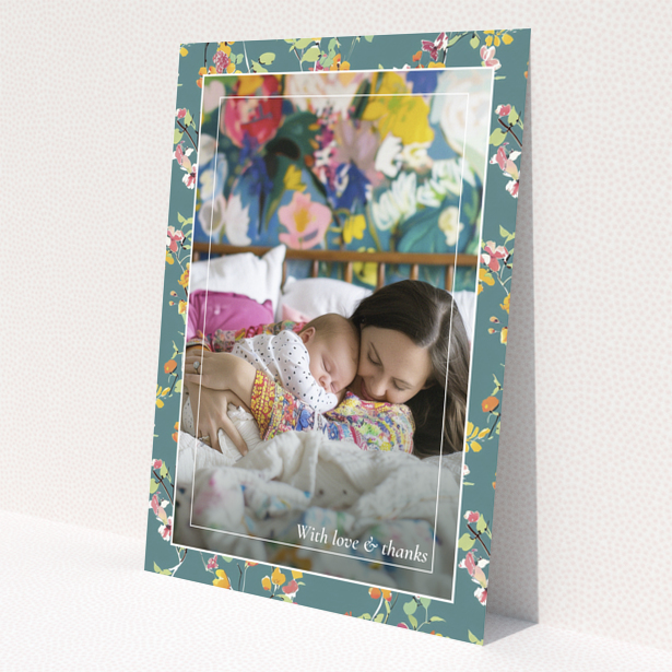 Floral baby thank you card with one photo of a mother and sleeping baby.