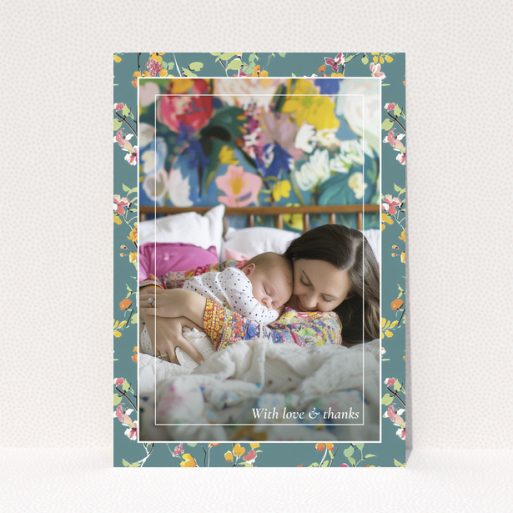 Floral baby thank you card with one photo of a mother and sleeping baby.