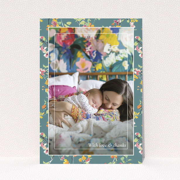 Floral baby thank you card with one photo of a mother and sleeping baby.