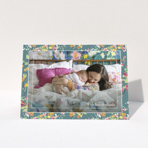 Floral baby thank you card with one photo of a mother and sleeping baby.