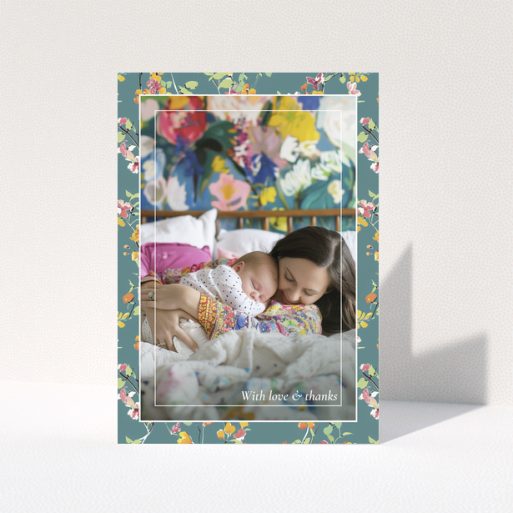 Floral baby thank you card with one photo of a mother and sleeping baby.