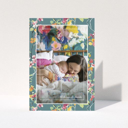 Floral baby thank you card with one photo of a mother and sleeping baby.