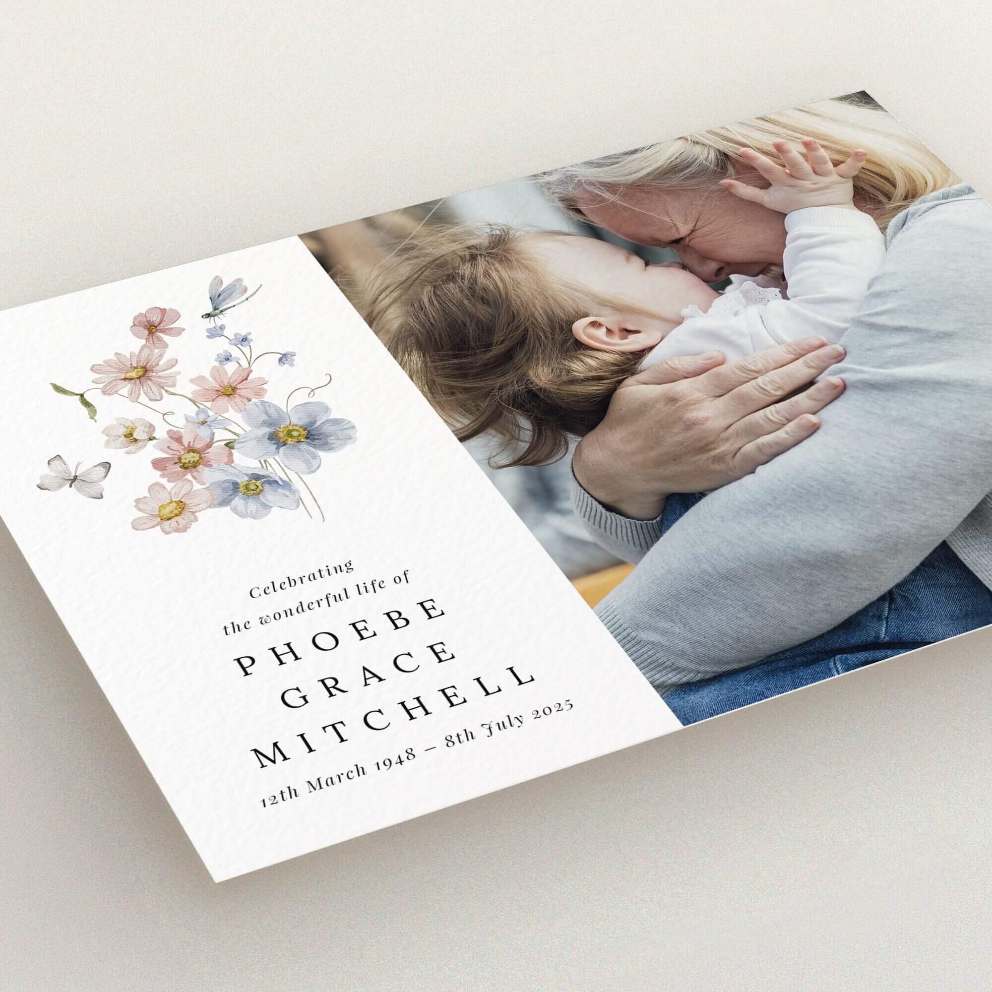 Funeral announcement design with floral illustration and one photo
