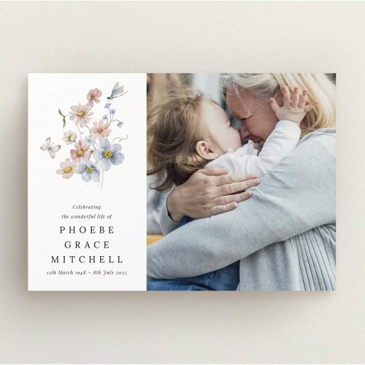 Funeral announcement design with floral illustration and one photo
