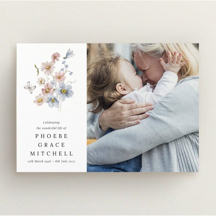 Funeral announcement design with floral illustration and one photo