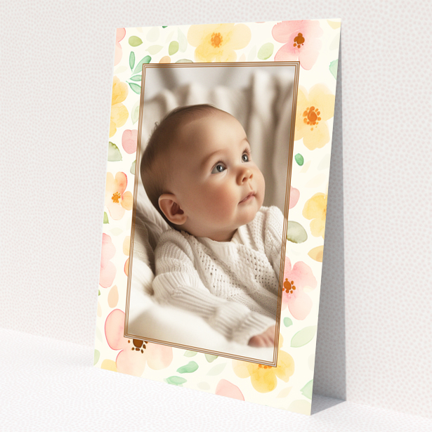 Floral baby thank you card with one photo.
