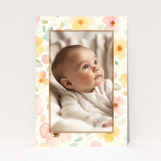 Floral baby thank you card with one photo.