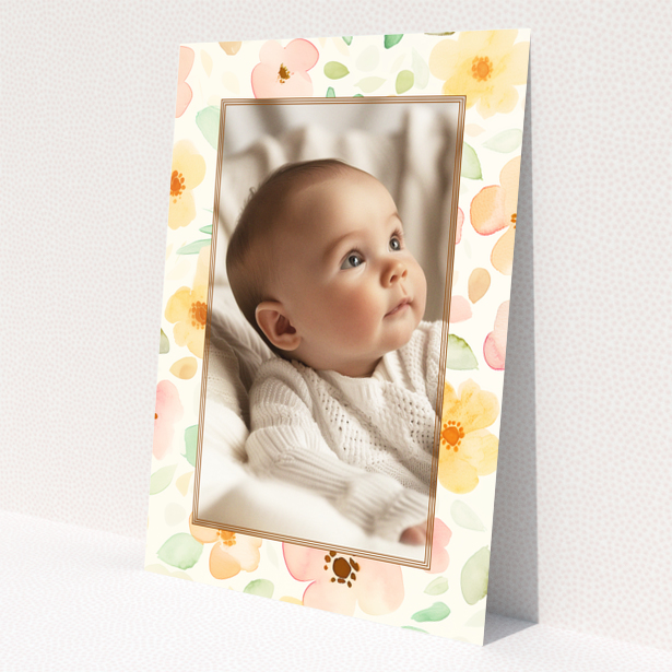 Floral baby thank you card with one photo.