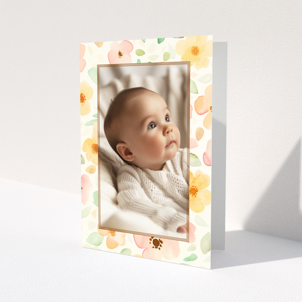 Floral baby thank you card with one photo.