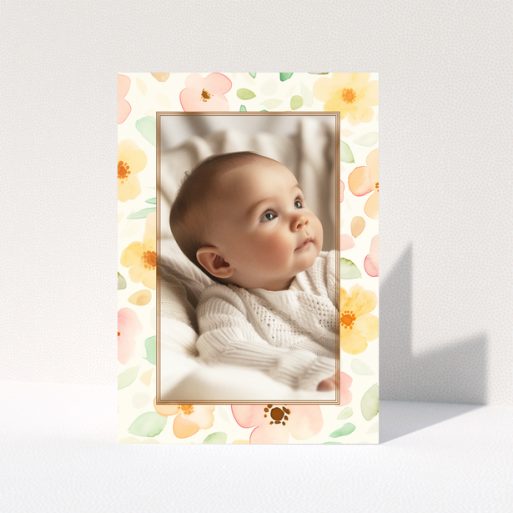 Floral baby thank you card with one photo.