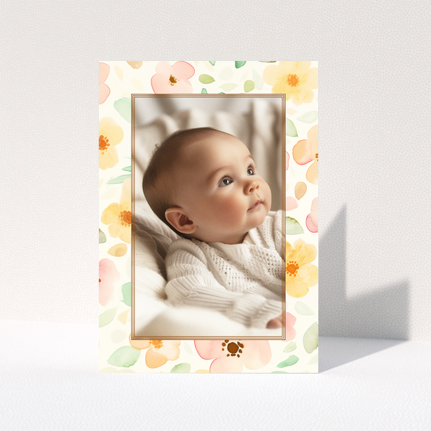 Floral baby thank you card with one photo.