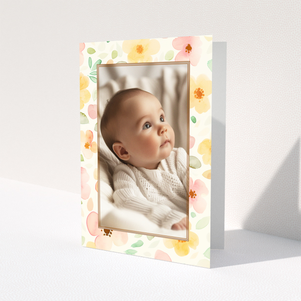 Floral baby thank you card with one photo.