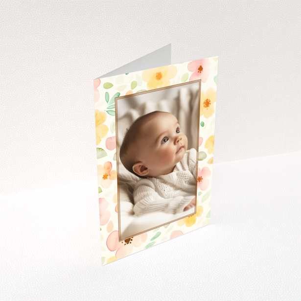 Floral baby thank you card with one photo.