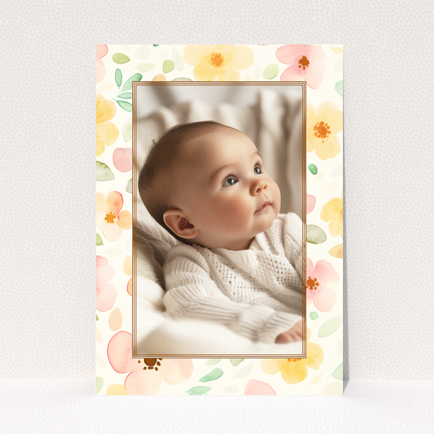 Floral baby thank you card with one photo.