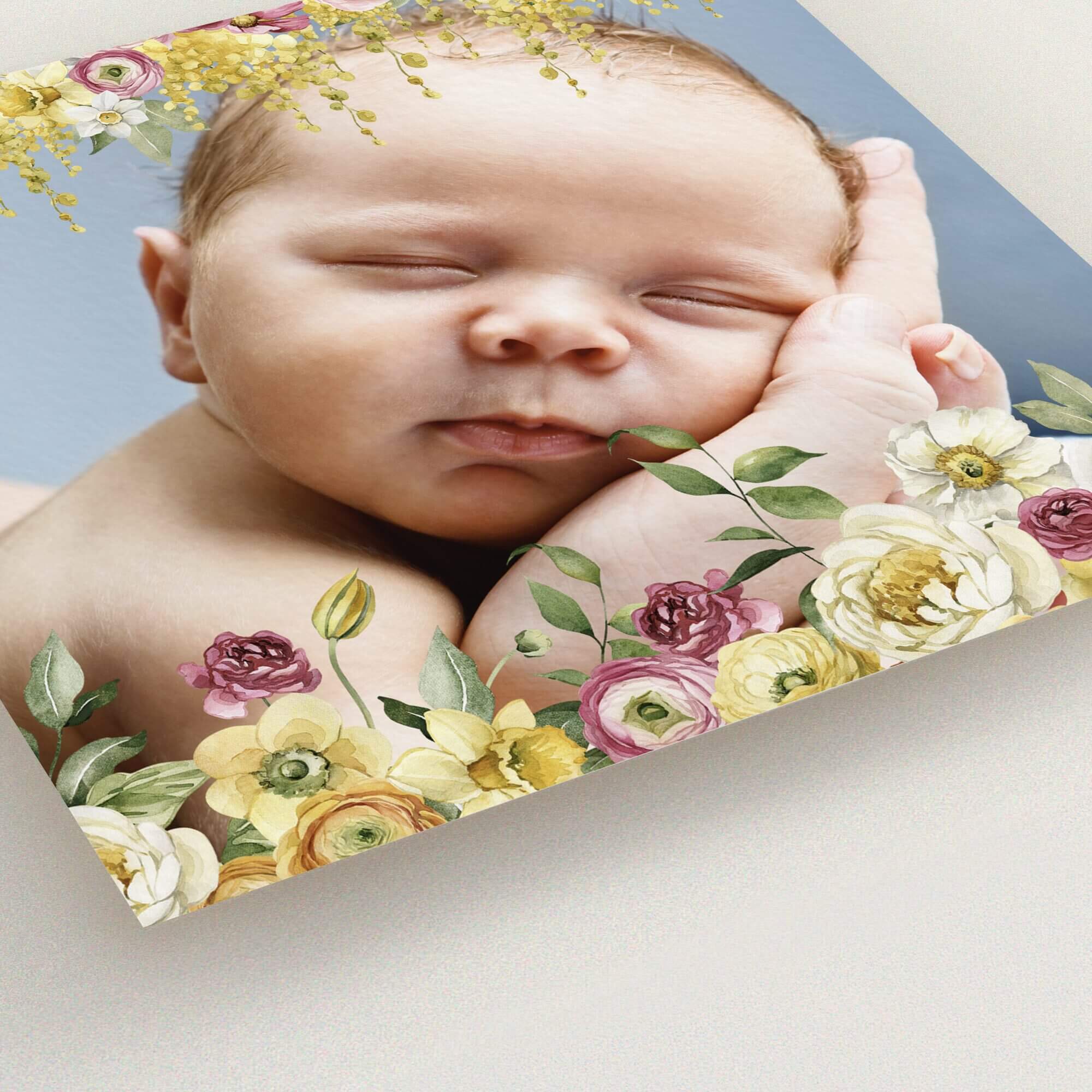 Floral birth announcement card design with one baby photo surrounded by flowers