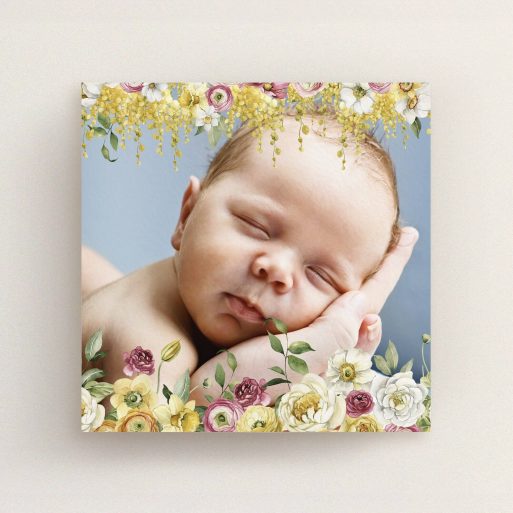 Floral birth announcement card design with one baby photo surrounded by flowers