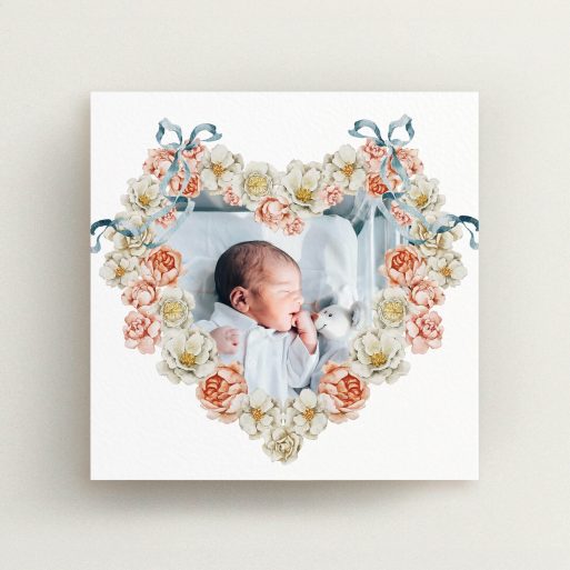 Floral Christening Invitation Floral heart christening invitation design with baby photo.